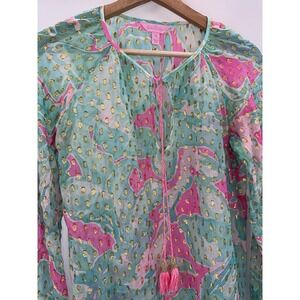 Lilly Pulitzer Rilla Top Silk Sheer Blouse Tropical Pink Sands gold XS‎